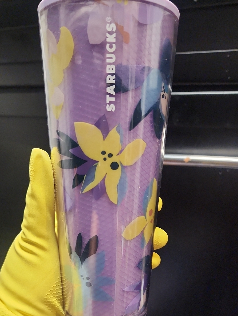 Starbucks Purple Tumbler with Yellow Floral Accents